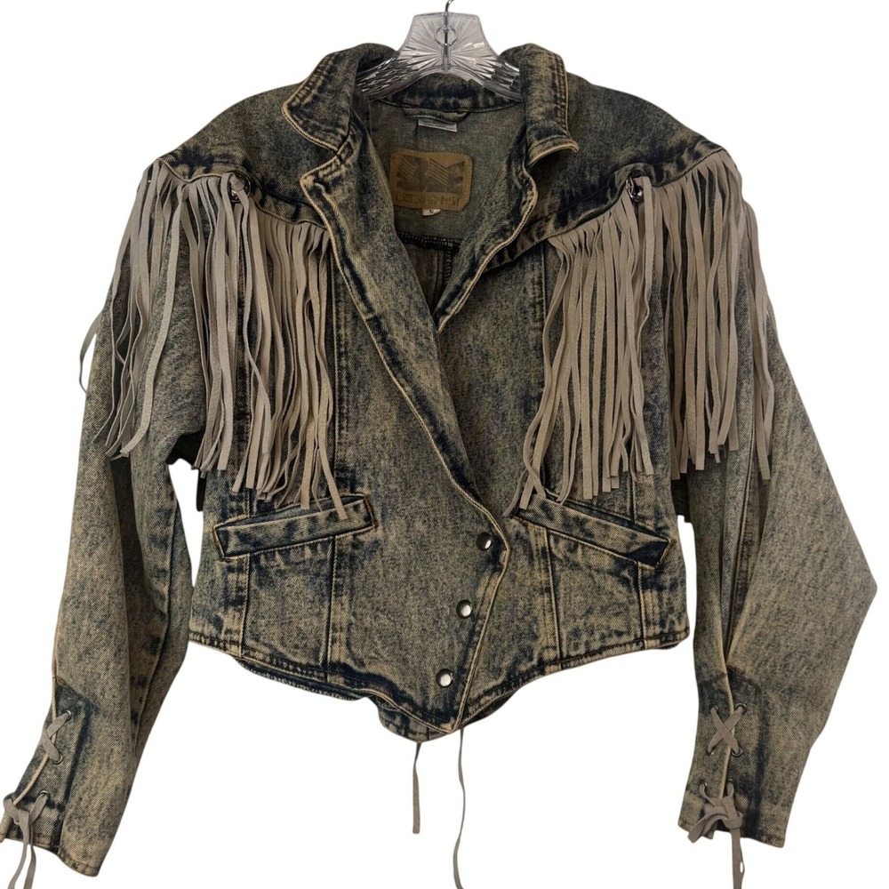 British Mist Cotton Acid Wash Denim Fringe Jacket Blue Western Cowgirl Moto S
